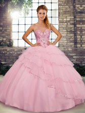 Traditional Sweetheart Sleeveless 15th Birthday Dress Brush Train Beading and Ruffled Layers Baby Pink Tulle