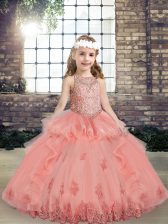 Dazzling Watermelon Red Scoop Lace Up Beading and Appliques Little Girl Pageant Gowns Sleeveless