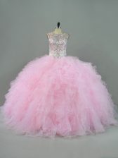 Romantic Ball Gowns Vestidos de Quinceanera Baby Pink Scoop Tulle Sleeveless Floor Length Lace Up