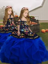  Royal Blue Ball Gowns Tulle Straps Sleeveless Embroidery and Ruffles Floor Length Lace Up Little Girls Pageant Dress