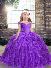  Purple Straps Lace Up Beading and Ruffles Pageant Dress Wholesale Sleeveless