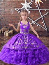  Lavender Ball Gowns Satin and Organza Straps Sleeveless Embroidery and Ruffled Layers Floor Length Lace Up Pageant Gowns For Girls