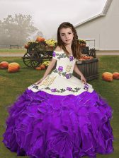 Purple Straps Neckline Embroidery and Ruffles Little Girls Pageant Gowns Sleeveless Lace Up