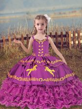  Fuchsia Ball Gowns Beading and Embroidery and Ruffled Layers Little Girls Pageant Dress Lace Up Organza Sleeveless Floor Length