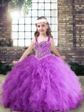 Graceful Straps Sleeveless Pageant Gowns For Girls Floor Length Beading and Ruching Purple Tulle