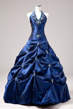 Delicate Ball Gowns Quinceanera Gown Royal Blue Halter Top Taffeta Sleeveless Floor Length Lace Up