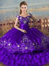  Purple Ball Gowns Off The Shoulder Sleeveless Satin and Organza Floor Length Lace Up Embroidery and Ruffled Layers 15 Quinceanera Dress