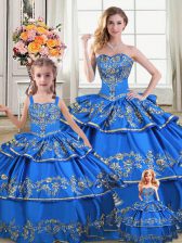 Lovely Royal Blue Lace Up Quince Ball Gowns Embroidery and Ruffled Layers Sleeveless Floor Length