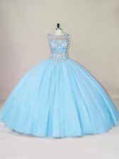  Blue Scoop Lace Up Beading Quinceanera Dress Sleeveless