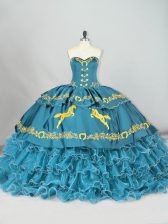  Teal Sweet 16 Quinceanera Dress Satin and Organza Brush Train Sleeveless Embroidery and Ruffled Layers
