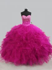 Pretty Sleeveless Floor Length Beading and Ruffles Lace Up Quince Ball Gowns with Fuchsia