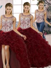  Burgundy Three Pieces Beading and Ruffles 15th Birthday Dress Lace Up Organza Sleeveless Floor Length