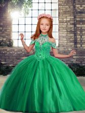  Green Ball Gowns High-neck Sleeveless Tulle Floor Length Lace Up Beading Little Girls Pageant Dress