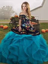 Off The Shoulder Sleeveless Lace Up Quinceanera Gown Teal Tulle