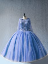 Wonderful Blue Tulle Lace Up Quinceanera Gown Long Sleeves Floor Length Beading