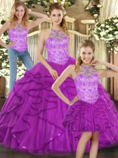  Halter Top Sleeveless Vestidos de Quinceanera Beading and Ruffles Purple Tulle