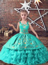 Low Price Sleeveless Lace Up Floor Length Embroidery and Ruffled Layers Little Girl Pageant Gowns