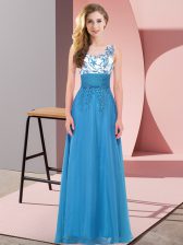 Perfect Floor Length Blue Quinceanera Court of Honor Dress Chiffon Sleeveless Appliques