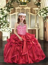  Organza Halter Top Sleeveless Lace Up Beading and Ruffles Pageant Dress Toddler in Red