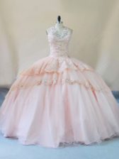 On Sale Halter Top Sleeveless Lace Up Vestidos de Quinceanera Peach Tulle