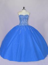  Blue Sleeveless Tulle Lace Up Sweet 16 Quinceanera Dress for Sweet 16 and Quinceanera