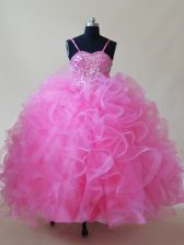 Lovely Rose Pink Ball Gowns Tulle Spaghetti Straps Sleeveless Beading and Ruffles Floor Length Lace Up Girls Pageant Dresses