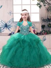 Fashion Turquoise Tulle Side Zipper Straps Sleeveless Floor Length Little Girl Pageant Dress Beading