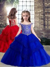 Glorious Royal Blue Lace Up Little Girl Pageant Gowns Sleeveless Floor Length Beading and Appliques
