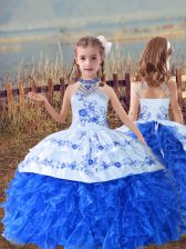 Exquisite Blue And White Halter Top Lace Up Beading and Embroidery and Ruffles Little Girl Pageant Dress Sleeveless
