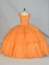 Charming Orange Ball Gowns Organza Straps Sleeveless Beading and Ruffled Layers and Ruching Floor Length Lace Up Ball Gown Prom Dress