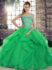  Beading and Ruffles Quince Ball Gowns Green Lace Up Sleeveless Brush Train