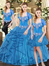 Fancy Floor Length Blue Quince Ball Gowns Sweetheart Sleeveless Lace Up