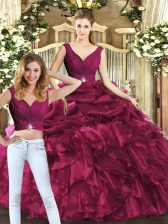 Best Selling Burgundy Organza Backless V-neck Sleeveless Floor Length Quinceanera Dress Pick Ups