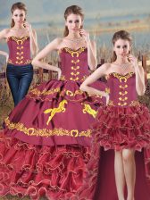 Ideal Satin and Organza Sweetheart Sleeveless Brush Train Lace Up Embroidery and Ruffles Vestidos de Quinceanera in Burgundy