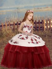 Charming Red Sleeveless Floor Length Embroidery Lace Up Kids Formal Wear