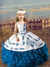  Organza Straps Sleeveless Lace Up Embroidery and Ruffles Kids Formal Wear in Blue