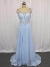 Elegant Blue Prom Gown Prom and Party and Military Ball and Beach with Beading and Ruching Scoop Sleeveless Brush Train Zipper