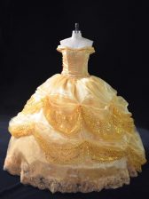 Custom Designed Gold Organza Lace Up Off The Shoulder Sleeveless Floor Length Ball Gown Prom Dress Beading and Pick Ups