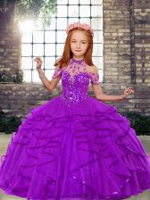 Hot Sale Beading and Ruffles Kids Formal Wear Purple Lace Up Sleeveless Floor Length