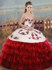 On Sale Ball Gowns Quinceanera Gowns White And Red Sweetheart Organza Sleeveless Floor Length Lace Up