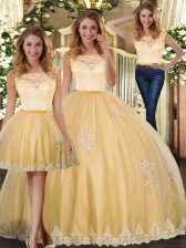 Inexpensive Gold Tulle Clasp Handle Scoop Sleeveless Floor Length Quince Ball Gowns Lace and Appliques