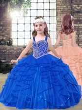  Royal Blue Sleeveless Floor Length Beading and Ruffles Lace Up Little Girls Pageant Gowns