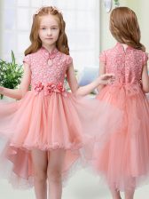 High-neck Cap Sleeves Toddler Flower Girl Dress High Low Lace and Hand Made Flower Peach Organza
