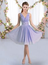 Admirable Sleeveless Knee Length Beading Zipper Quinceanera Dama Dress with Lavender