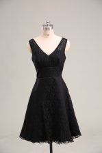 Black A-line V-neck Sleeveless Lace Mini Length Zipper Lace Prom Dresses