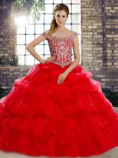  Tulle Off The Shoulder Sleeveless Brush Train Lace Up Beading and Pick Ups 15 Quinceanera Dress in Red