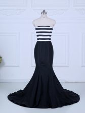  White And Black Sleeveless Satin Brush Train Lace Up Dress for Prom for Prom and Party and Military Ball