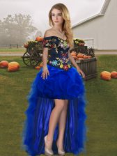 Shining Royal Blue A-line Off The Shoulder Sleeveless Tulle High Low Lace Up Embroidery and Ruffles Prom Dress