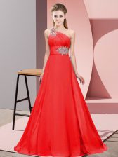 Extravagant Red Dress for Prom One Shoulder Sleeveless Brush Train Lace Up
