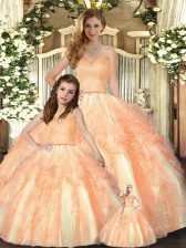 Modest Orange Sleeveless Floor Length Beading and Ruffles Lace Up Sweet 16 Dress